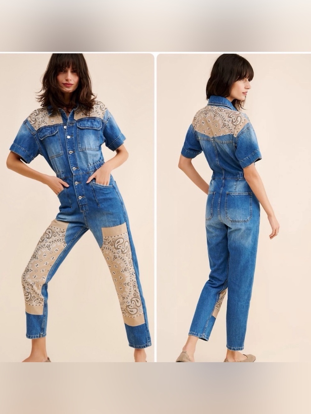 Free People x Tricia Fix Tan Bandana Patchwork Blue Denim Jumpsuit Size XL